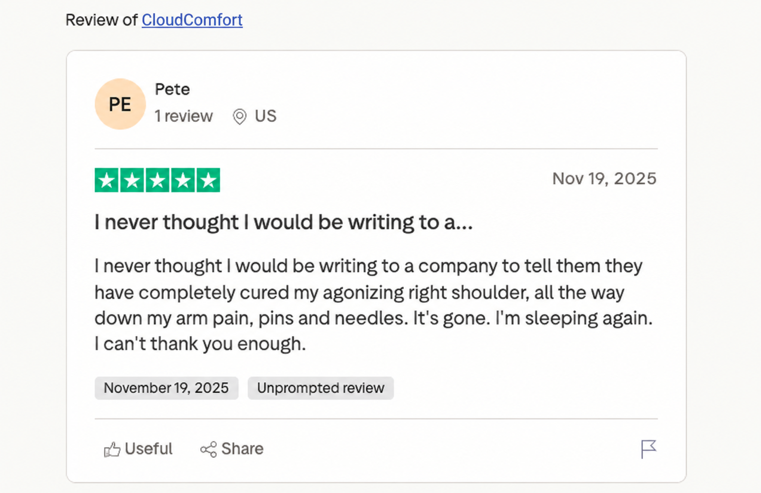 CloudComfort customer review by Pete
