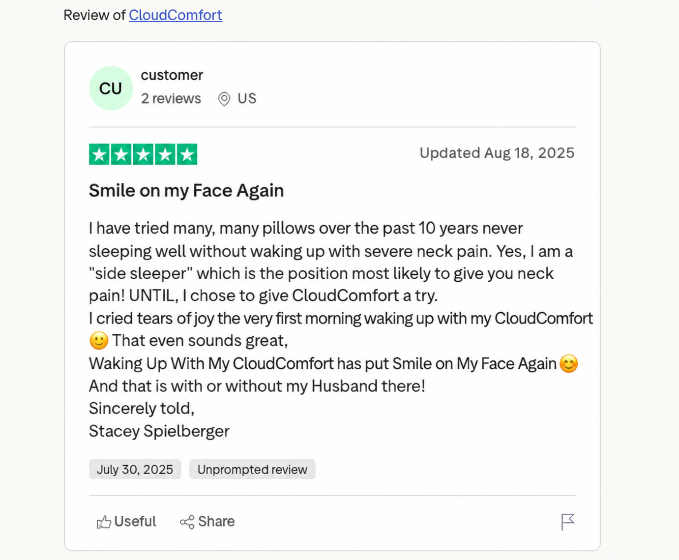 CloudComfort customer review by Stacey Spielberg
