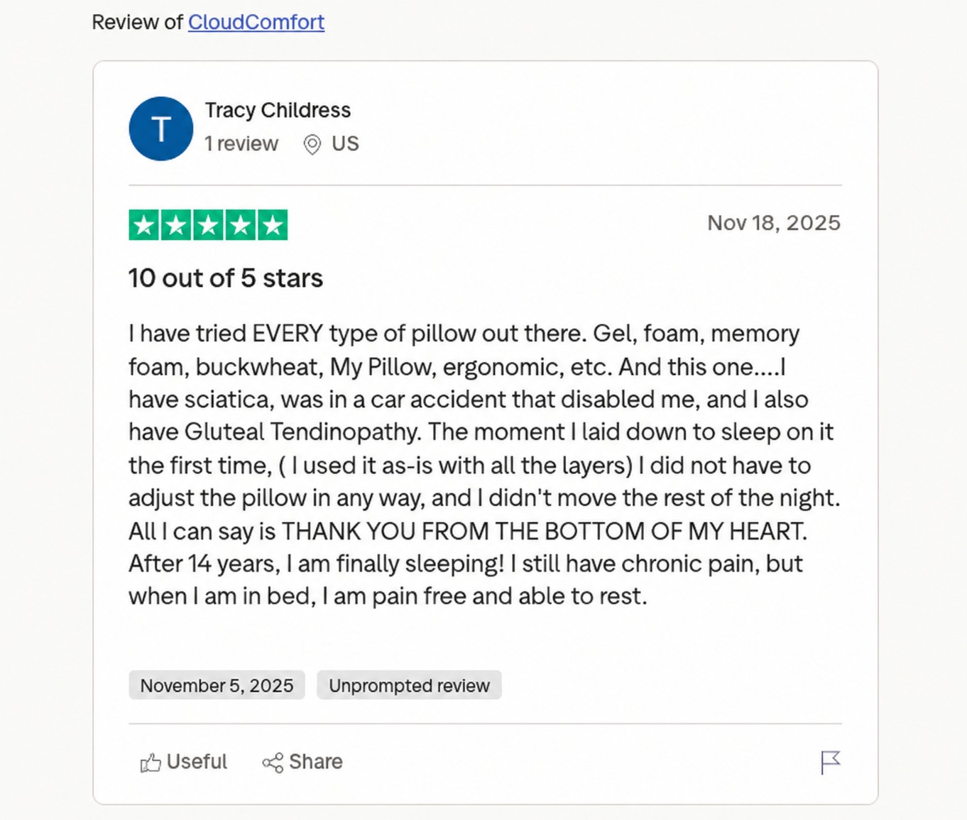 CloudComfort customer review by Tracy Childress